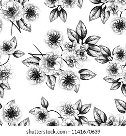 Abstract seamless pattern with plants, herbs and flowers, colorful botanical illustration.
