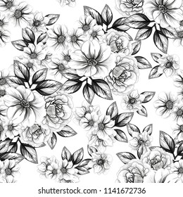 Abstract seamless pattern with plants, herbs and flowers, colorful botanical illustration.
