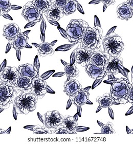Abstract seamless pattern with plants, herbs and flowers, colorful botanical illustration.

