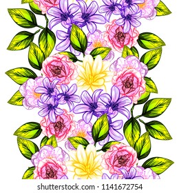 Abstract seamless pattern with plants, herbs and flowers, colorful botanical illustration.
