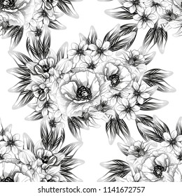 Abstract seamless pattern with plants, herbs and flowers, colorful botanical illustration.
