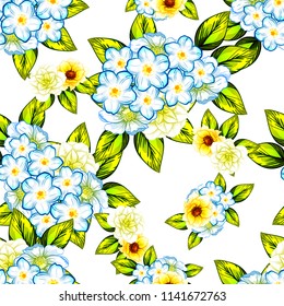 Abstract seamless pattern with plants, herbs and flowers, colorful botanical illustration.

