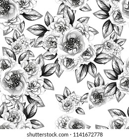 Abstract seamless pattern with plants, herbs and flowers, colorful botanical illustration.

