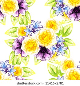 Abstract seamless pattern with plants, herbs and flowers, colorful botanical illustration.
