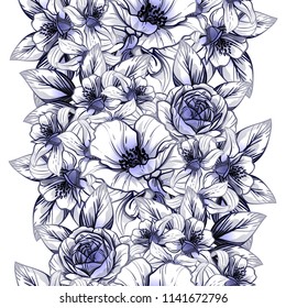 Abstract seamless pattern with plants, herbs and flowers, colorful botanical illustration.
