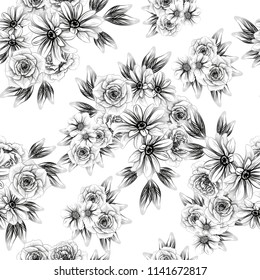 Abstract seamless pattern with plants, herbs and flowers, colorful botanical illustration.
