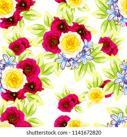 Abstract seamless pattern with plants, herbs and flowers, colorful botanical illustration.
