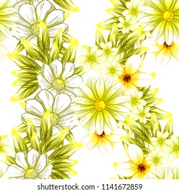 Abstract seamless pattern with plants, herbs and flowers, colorful botanical illustration.
