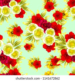 Abstract seamless pattern with plants, herbs and flowers, colorful botanical illustration.
