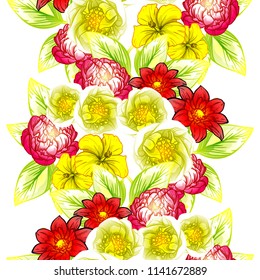 Abstract seamless pattern with plants, herbs and flowers, colorful botanical illustration.
