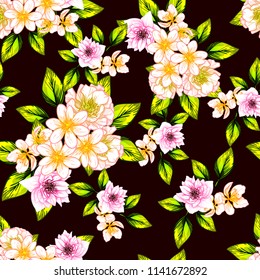 Abstract seamless pattern with plants, herbs and flowers, colorful botanical illustration.
