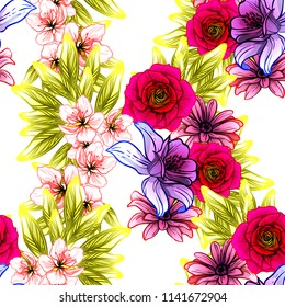 Abstract seamless pattern with plants, herbs and flowers, colorful botanical illustration.
