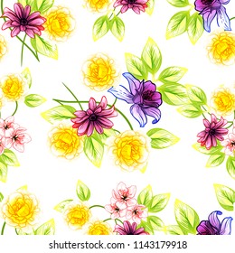 Abstract seamless pattern with plants, herbs and flowers, colorful botanical illustration.
