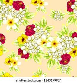 Abstract seamless pattern with plants, herbs and flowers, colorful botanical illustration.
