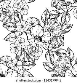 Abstract seamless pattern with plants, herbs and flowers, colorful botanical illustration.
