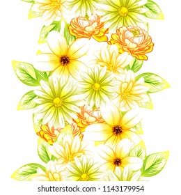Abstract seamless pattern with plants, herbs and flowers, colorful botanical illustration.
