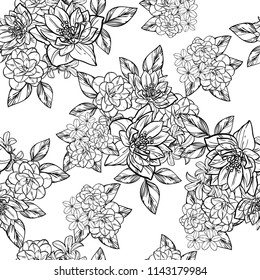 Abstract seamless pattern with plants, herbs and flowers, colorful botanical illustration.
