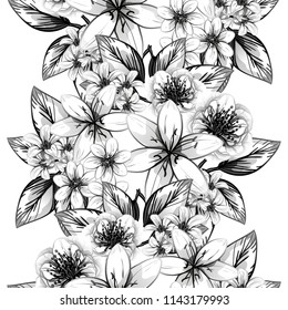 Abstract seamless pattern with plants, herbs and flowers, colorful botanical illustration.
