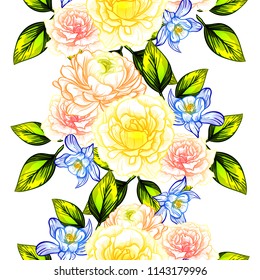 Abstract seamless pattern with plants, herbs and flowers, colorful botanical illustration.
