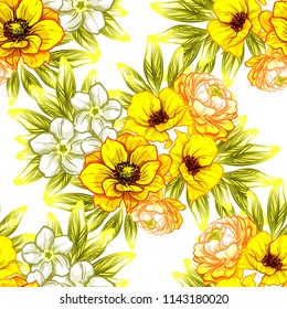 Abstract seamless pattern with plants, herbs and flowers, colorful botanical illustration.
