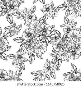 Abstract seamless pattern with plants, herbs and flowers, colorful botanical illustration.