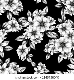Abstract seamless pattern with plants, herbs and flowers, colorful botanical illustration.