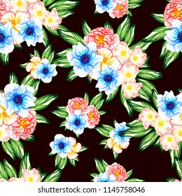 Abstract seamless pattern with plants, herbs and flowers, colorful botanical illustration.