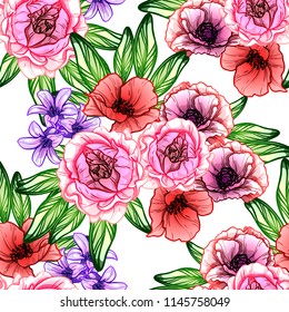 Abstract seamless pattern with plants, herbs and flowers, colorful botanical illustration.