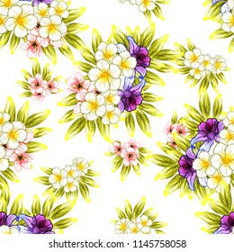 Abstract seamless pattern with plants, herbs and flowers, colorful botanical illustration.