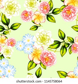 Abstract seamless pattern with plants, herbs and flowers, colorful botanical illustration.