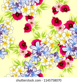 Abstract seamless pattern with plants, herbs and flowers, colorful botanical illustration.