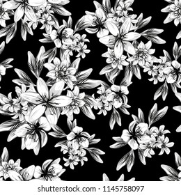 Abstract seamless pattern with plants, herbs and flowers, colorful botanical illustration.