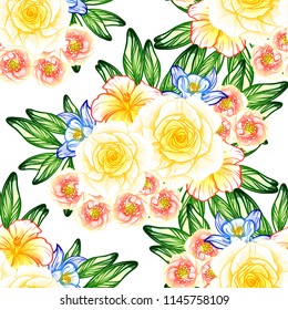 Abstract seamless pattern with plants, herbs and flowers, colorful botanical illustration.
