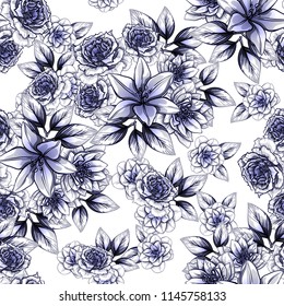 Abstract seamless pattern with plants, herbs and flowers, colorful botanical illustration.