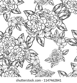 Abstract seamless pattern with plants, herbs and flowers, colorful botanical illustration.
