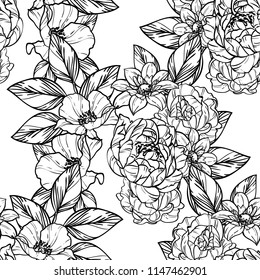 Abstract seamless pattern with plants, herbs and flowers, colorful botanical illustration.
