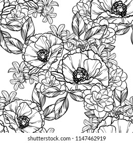 Abstract seamless pattern with plants, herbs and flowers, colorful botanical illustration.
