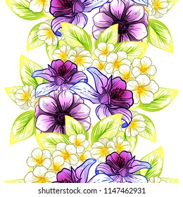 Abstract seamless pattern with plants, herbs and flowers, colorful botanical illustration.
