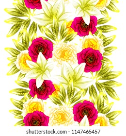 Abstract seamless pattern with plants, herbs and flowers, colorful botanical illustration.
