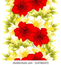 Abstract seamless pattern with plants, herbs and flowers, colorful botanical illustration.
