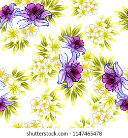 Abstract seamless pattern with plants, herbs and flowers, colorful botanical illustration.
