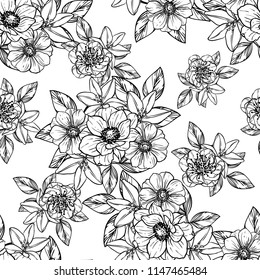 Abstract seamless pattern with plants, herbs and flowers, colorful botanical illustration.

