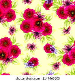 Abstract seamless pattern with plants, herbs and flowers, colorful botanical illustration.
