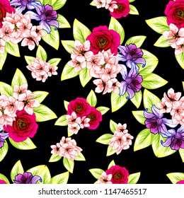 Abstract seamless pattern with plants, herbs and flowers, colorful botanical illustration.
