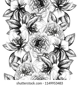 Abstract seamless pattern with plants, herbs and flowers, colorful botanical illustration.