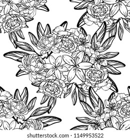 Abstract seamless pattern with plants, herbs and flowers, colorful botanical illustration.