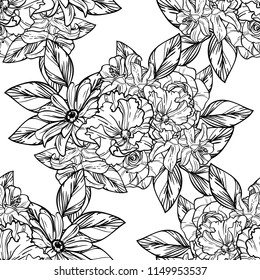 Abstract seamless pattern with plants, herbs and flowers, colorful botanical illustration.