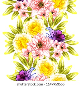 Abstract seamless pattern with plants, herbs and flowers, colorful botanical illustration.