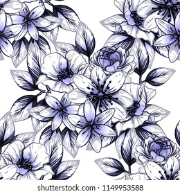 Abstract seamless pattern with plants, herbs and flowers, colorful botanical illustration.