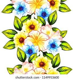 Abstract seamless pattern with plants, herbs and flowers, colorful botanical illustration.